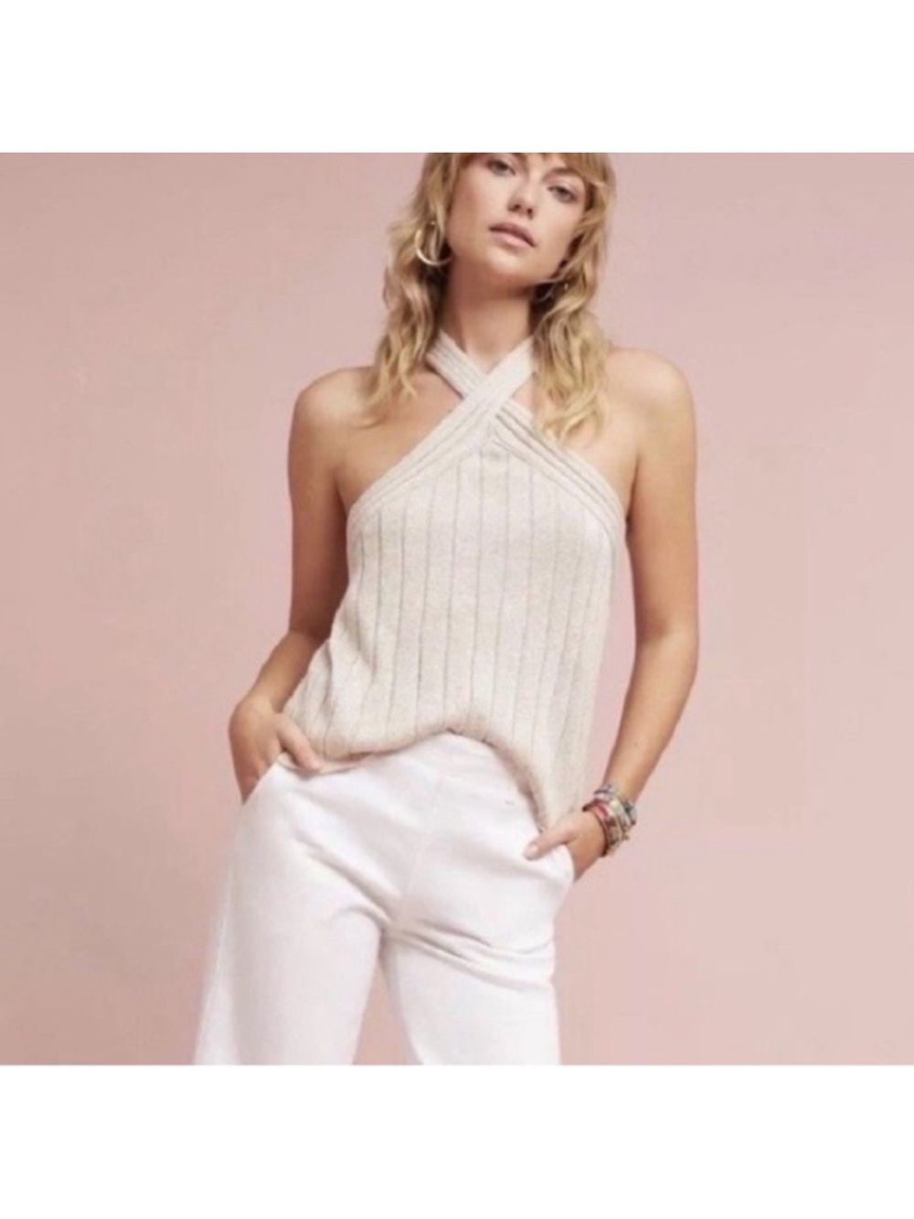 Moth “Meeks “Ribbed Cross‑Halter Tank Top M - Picture 2 of 5